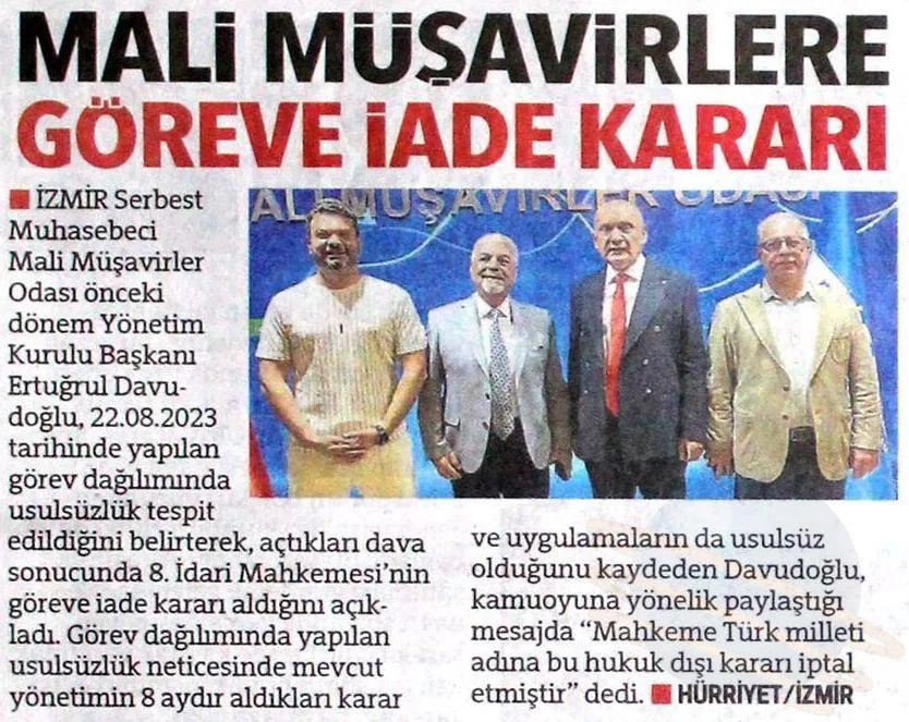 Hürriyet İzmir ekinde yayımlanan “Mali müşavirlere göreve iade kararı” başlıklı gazete haberi